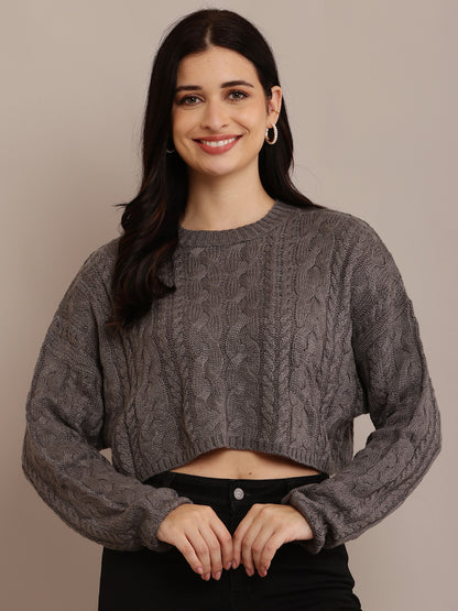 Cotton Full Sleeve with Round Neck Cable Knit Grey Crop sweater