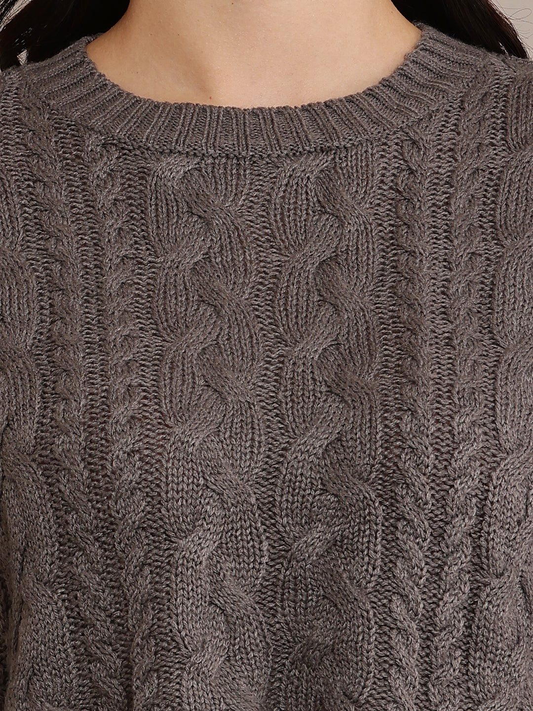 Cotton Full Sleeve with Round Neck Cable Knit Grey Crop sweater
