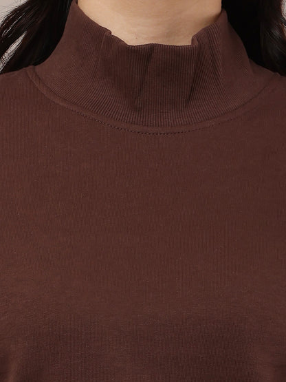 Cotton High-Neck with Full Sleeve Brown Sweatshirt
