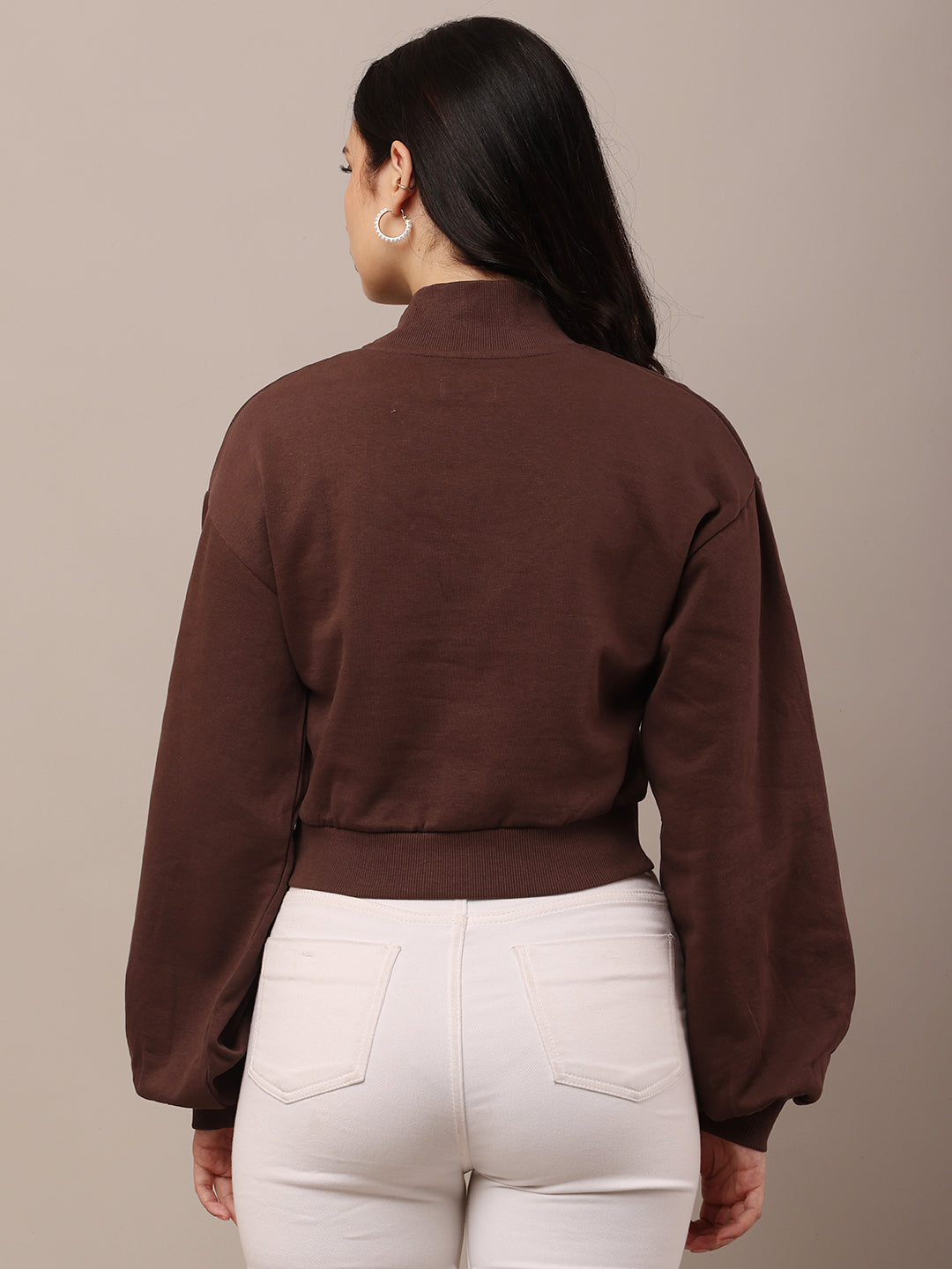 Cotton High-Neck with Full Sleeve Brown Sweatshirt