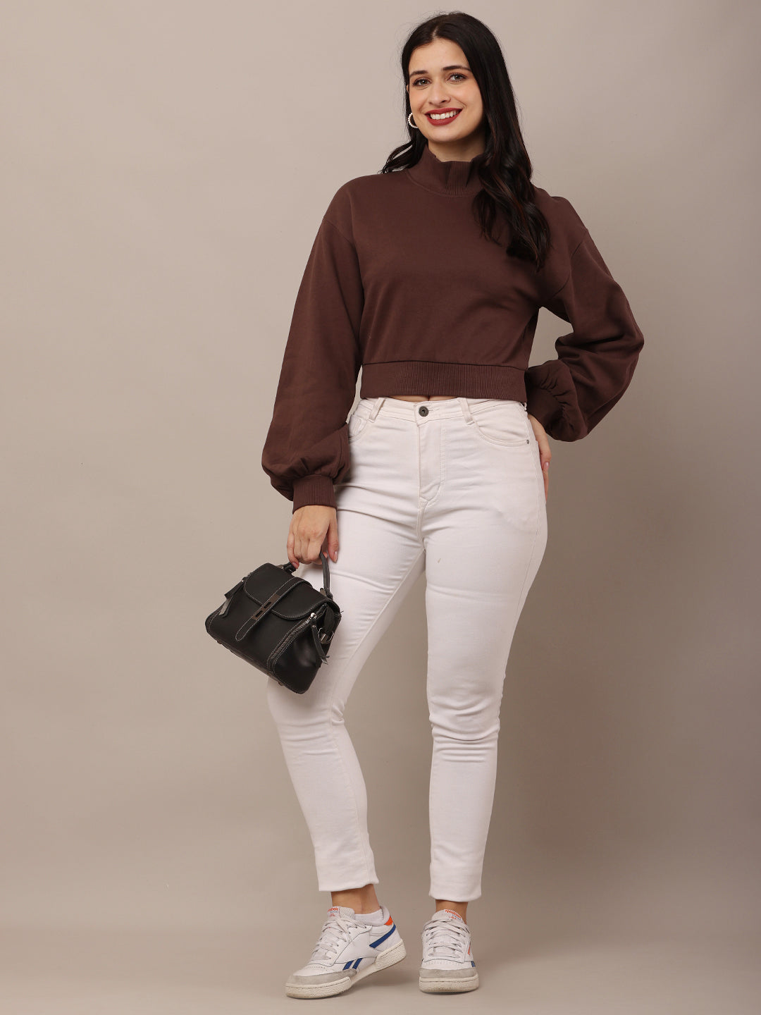 Cotton High-Neck with Full Sleeve Brown Sweatshirt