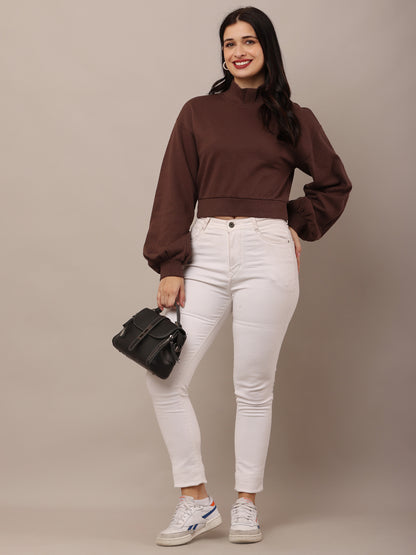 Cotton High-Neck with Full Sleeve Brown Sweatshirt