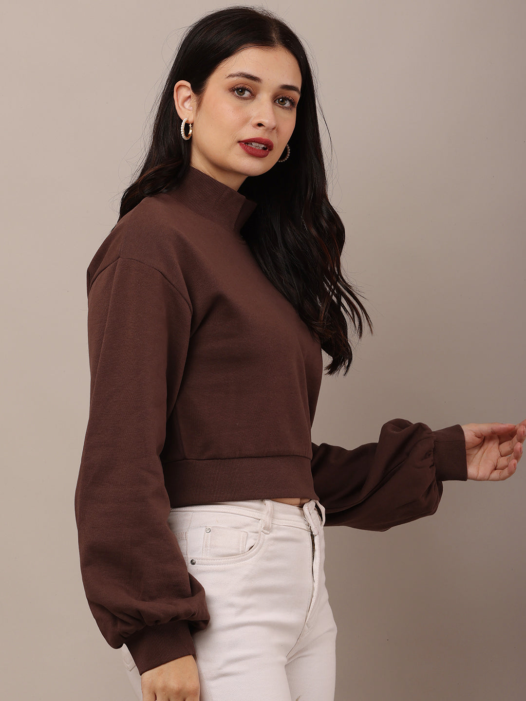 Cotton High-Neck with Full Sleeve Brown Sweatshirt