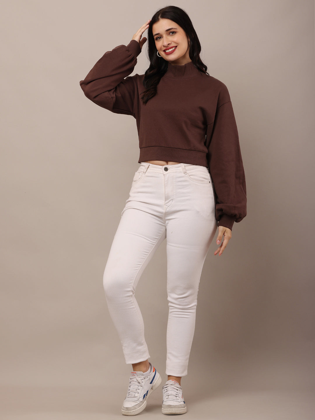 Cotton High-Neck with Full Sleeve Brown Sweatshirt