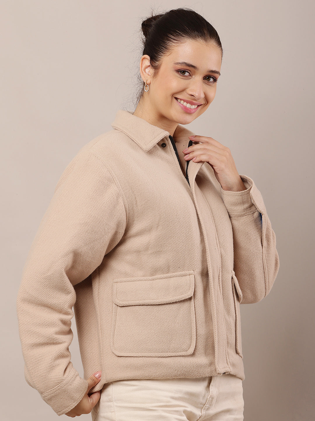 Cotton Full Sleeve with Shirt Collar Beige Jacket