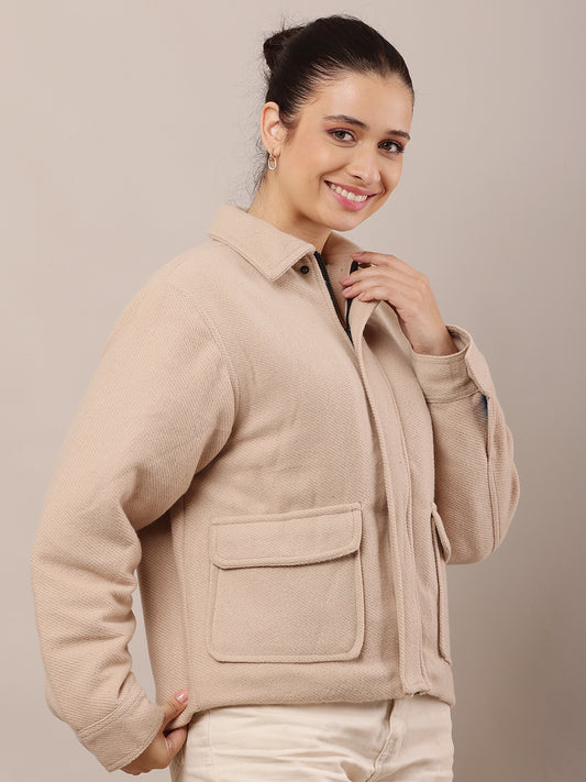 Cotton Full Sleeve with Shirt Collar Beige Jacket