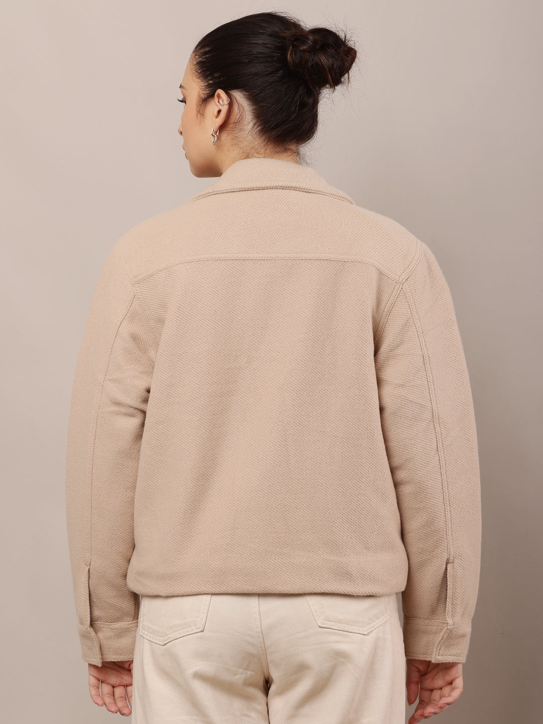 Cotton Full Sleeve with Shirt Collar Beige Jacket