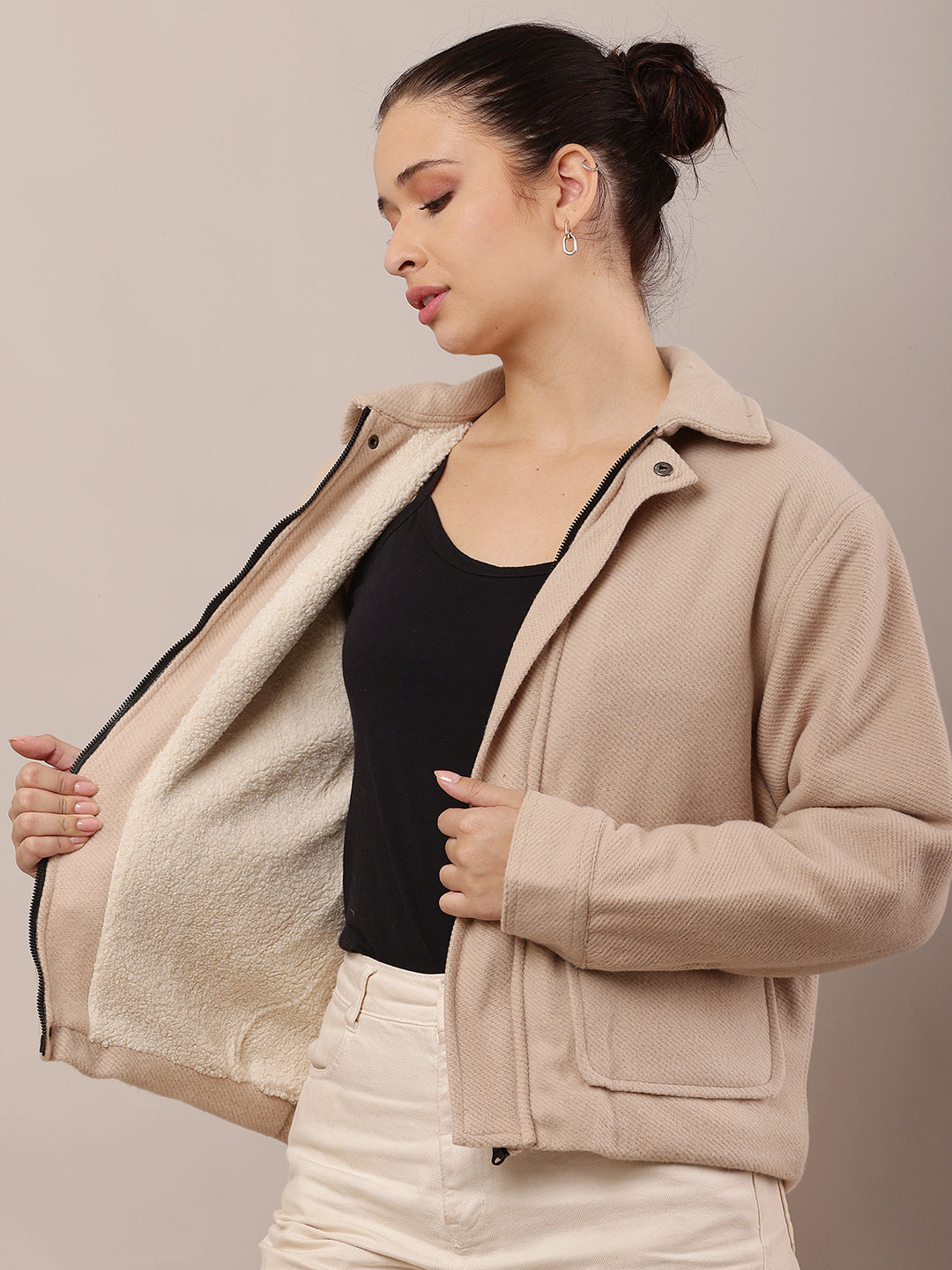 Cotton Full Sleeve with Shirt Collar Beige Jacket