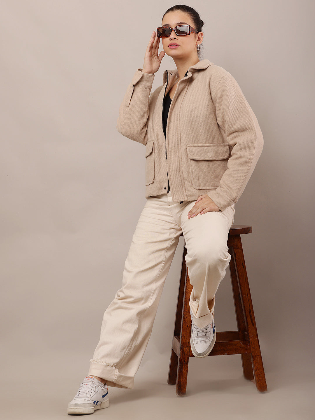 Cotton Full Sleeve with Shirt Collar Beige Jacket
