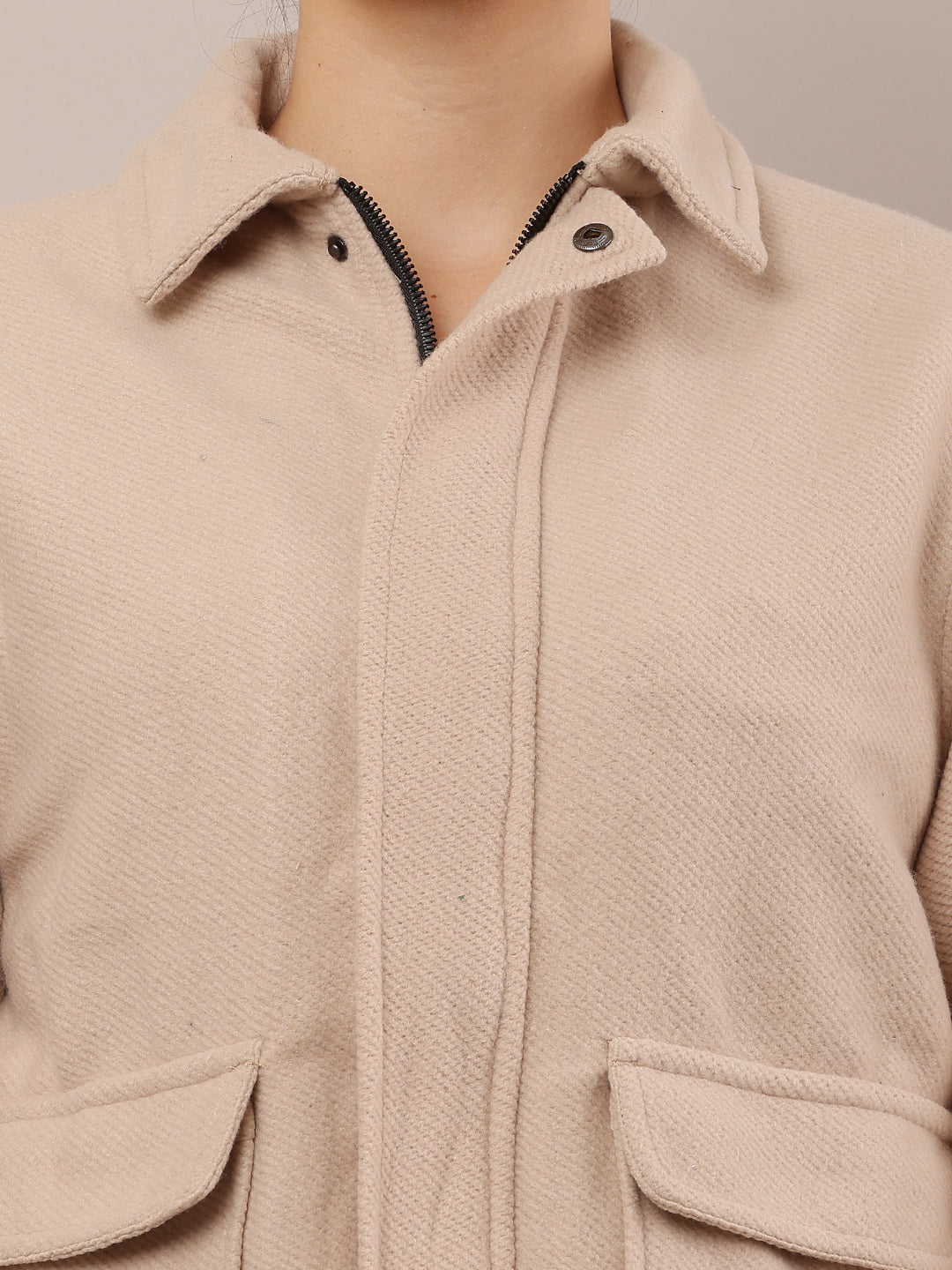 Cotton Full Sleeve with Shirt Collar Beige Jacket