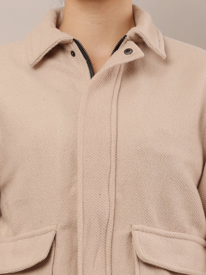 Cotton Full Sleeve with Shirt Collar Beige Jacket
