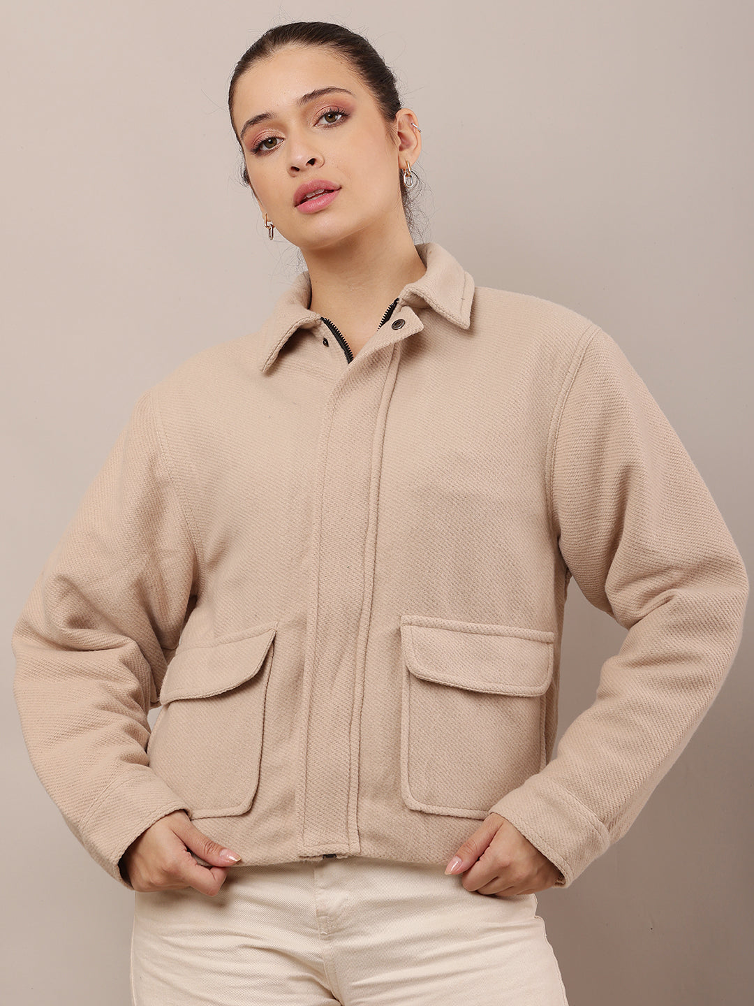 Cotton Full Sleeve with Shirt Collar Beige Jacket