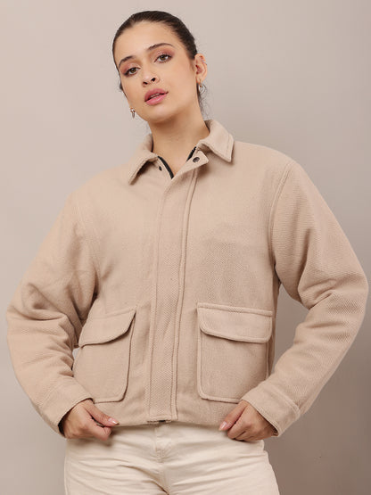 Cotton Full Sleeve with Shirt Collar Beige Jacket