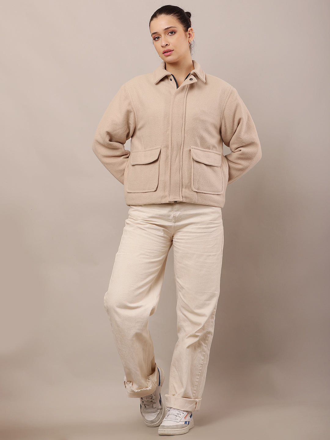 Cotton Full Sleeve with Shirt Collar Beige Jacket