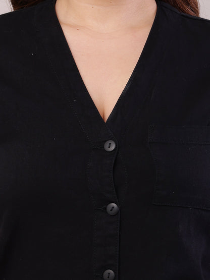 Cotton Short Sleeve with V-Neck Black Jumpsuit