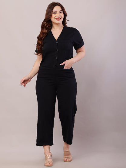 Cotton Short Sleeve with V-Neck Black Jumpsuit
