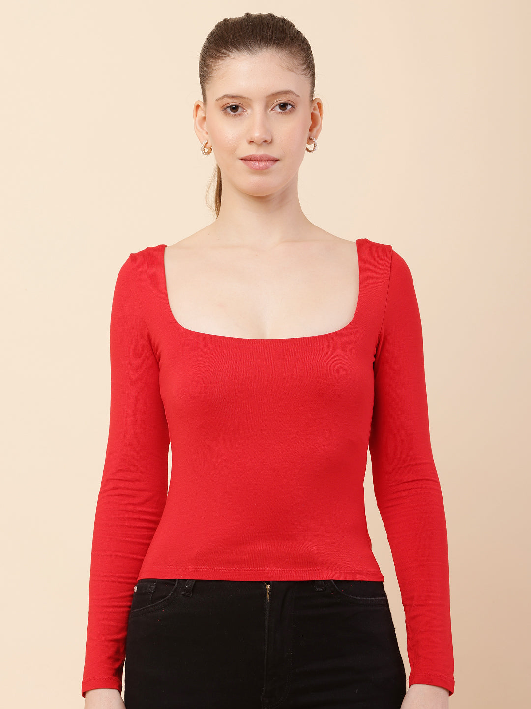 Polyester Full Sleeve with Square Neck Red Regular Fit Top