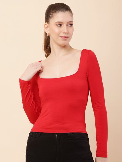 Polyester Full Sleeve with Square Neck Red Regular Fit Top