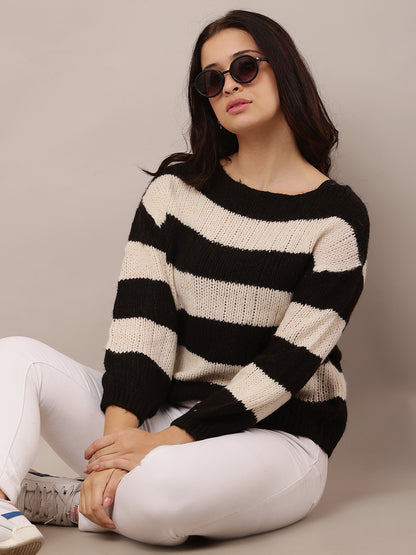 Acrylic Crew neck with Full Sleeve Black and white Knitted Sweater