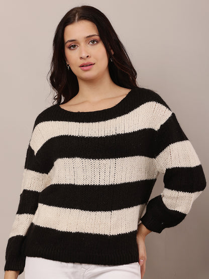 Acrylic Crew neck with Full Sleeve Black and white Knitted Sweater