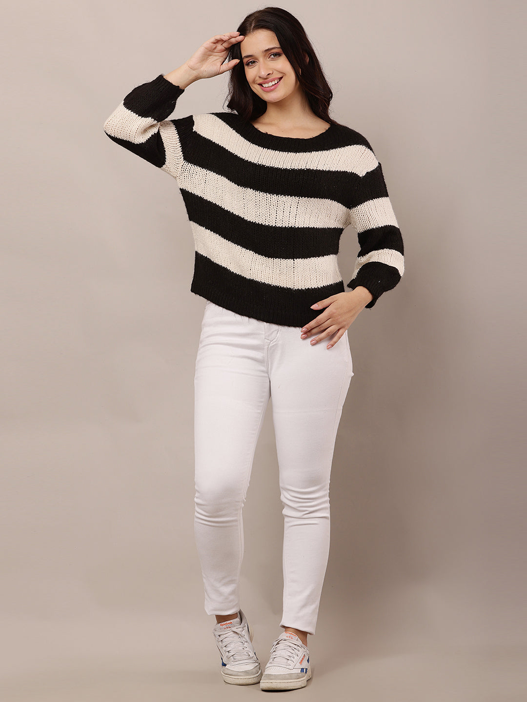 Acrylic Crew neck with Full Sleeve Black and white Knitted Sweater