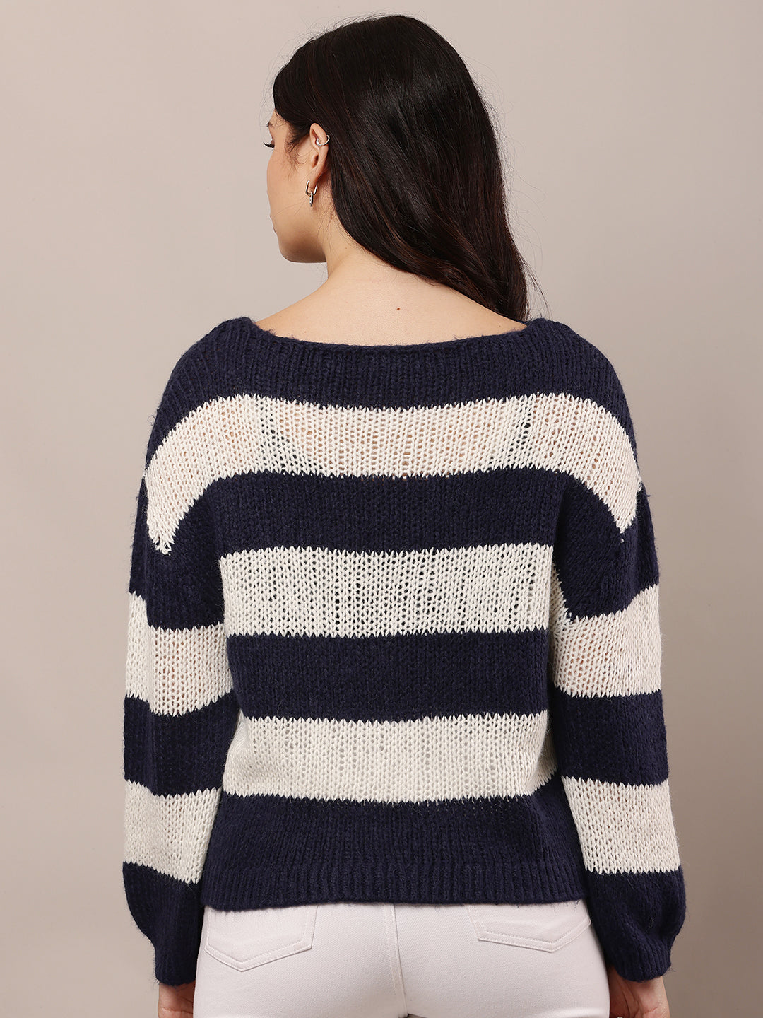 Acrylic Crew neck with Full Sleeve Dark Blue and white Knitted Sweater