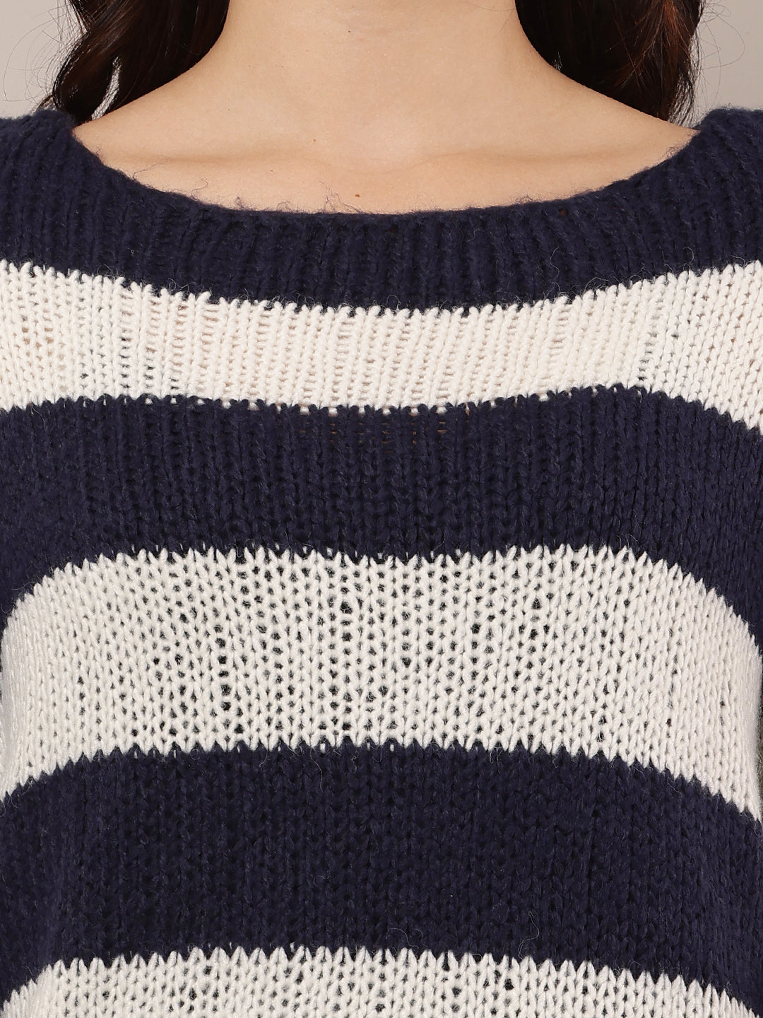 Acrylic Crew neck with Full Sleeve Dark Blue and white Knitted Sweater