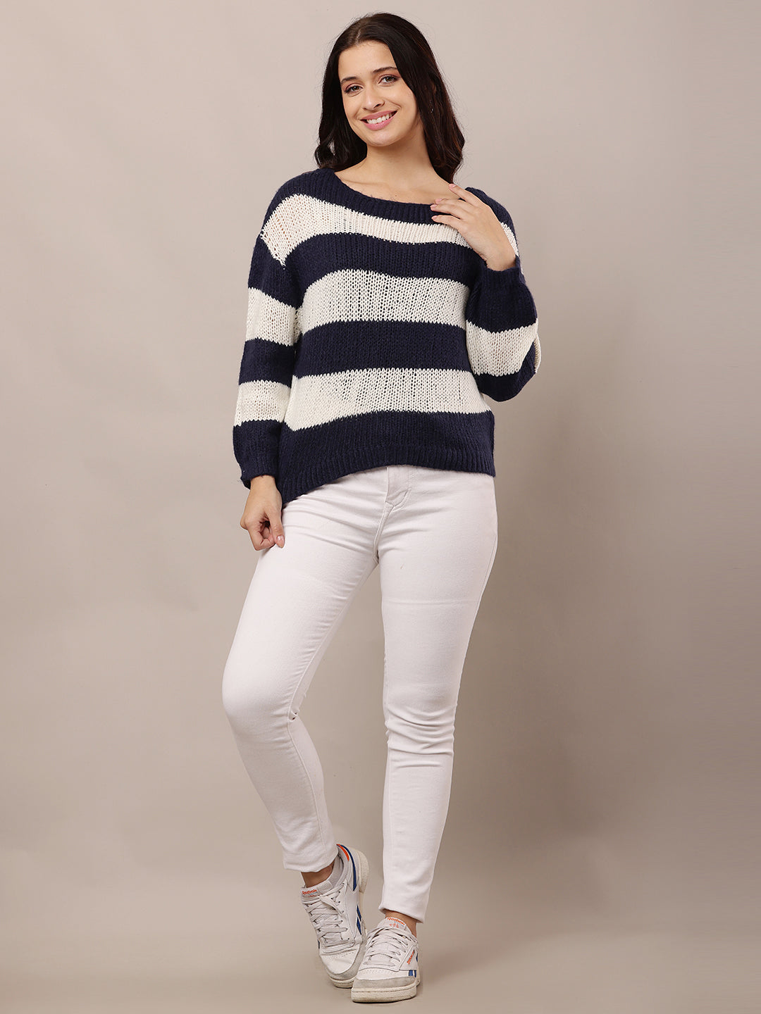 Acrylic Crew neck with Full Sleeve Dark Blue and white Knitted Sweater