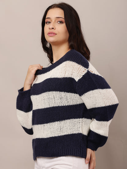 Acrylic Crew neck with Full Sleeve Dark Blue and white Knitted Sweater
