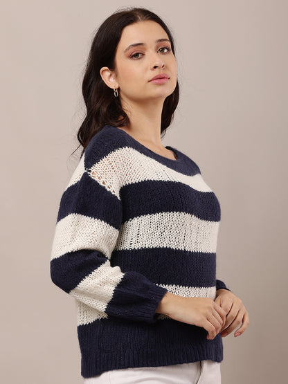 Acrylic Crew neck with Full Sleeve Dark Blue and white Knitted Sweater