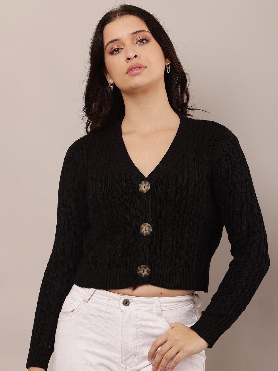 Cotton Full Sleeve with V-Neck Black Cardigan