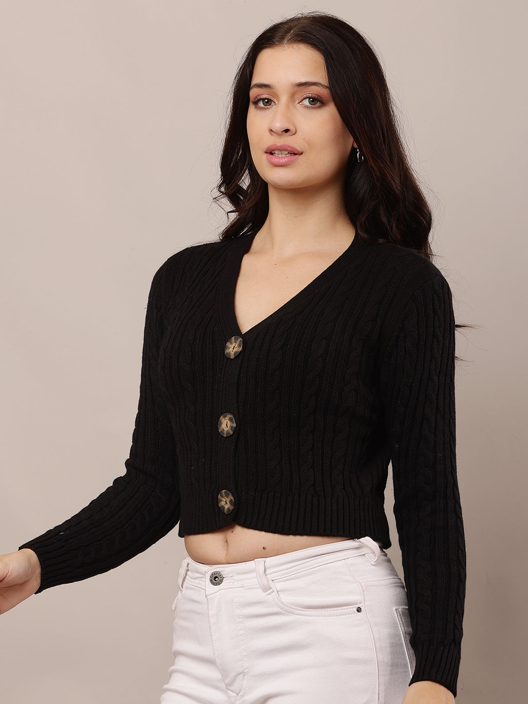Cotton Full Sleeve with V-Neck Black Cardigan