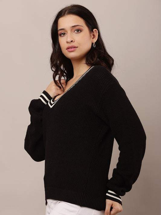 Cotton Full Sleeve with V-Neck Ribbed-Knit Regular Fit Black Sweater