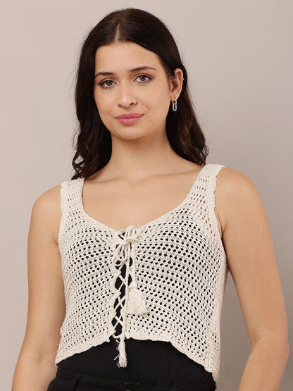 Summer Crochet Hollow-Out Knit Vest Sleeveless off-white Top