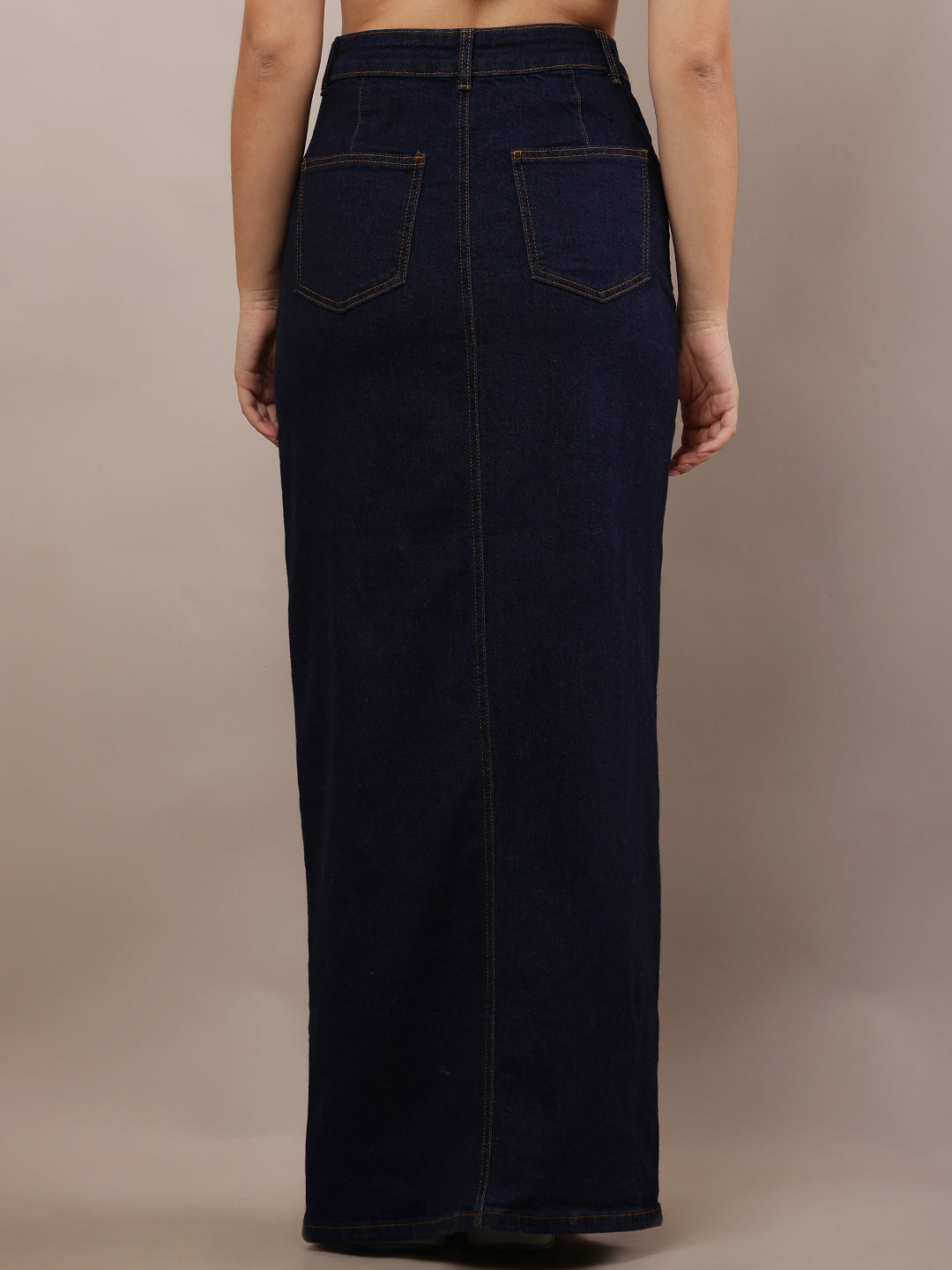 Denim Slim Fit Front Slit Dark Blue Maxi Skirt