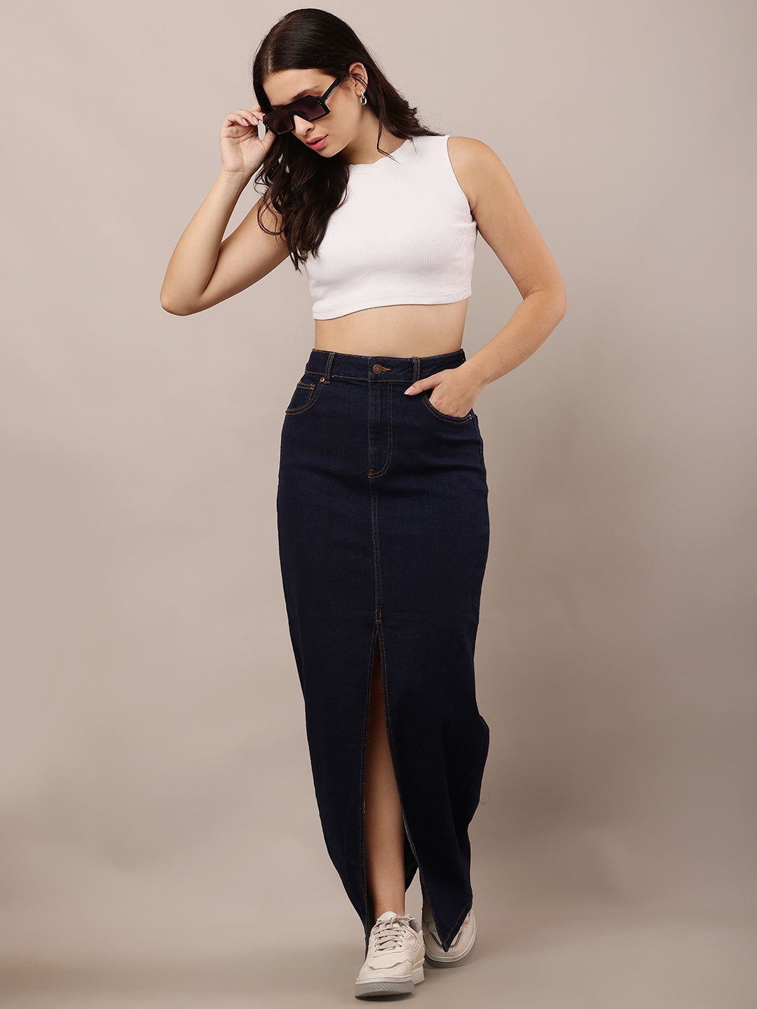 Denim Slim Fit Front Slit Dark Blue Maxi Skirt