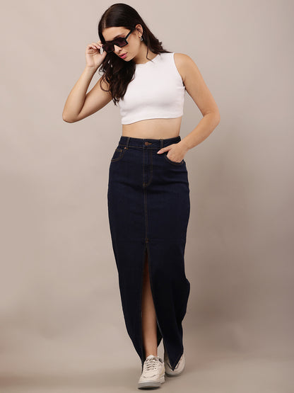 Denim Slim Fit Front Slit Dark Blue Maxi Skirt