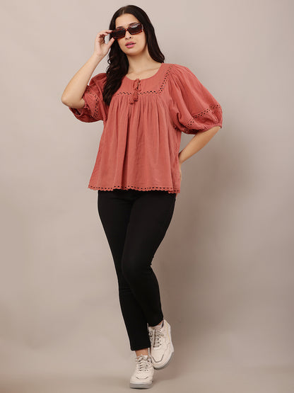 Cotton Round Neck with Short puff Sleeve Peach loose style Top