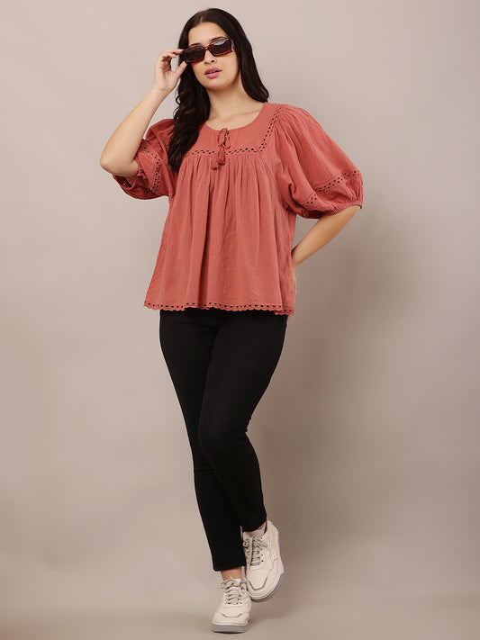 Cotton Round Neck with Short puff Sleeve Peach loose style Top