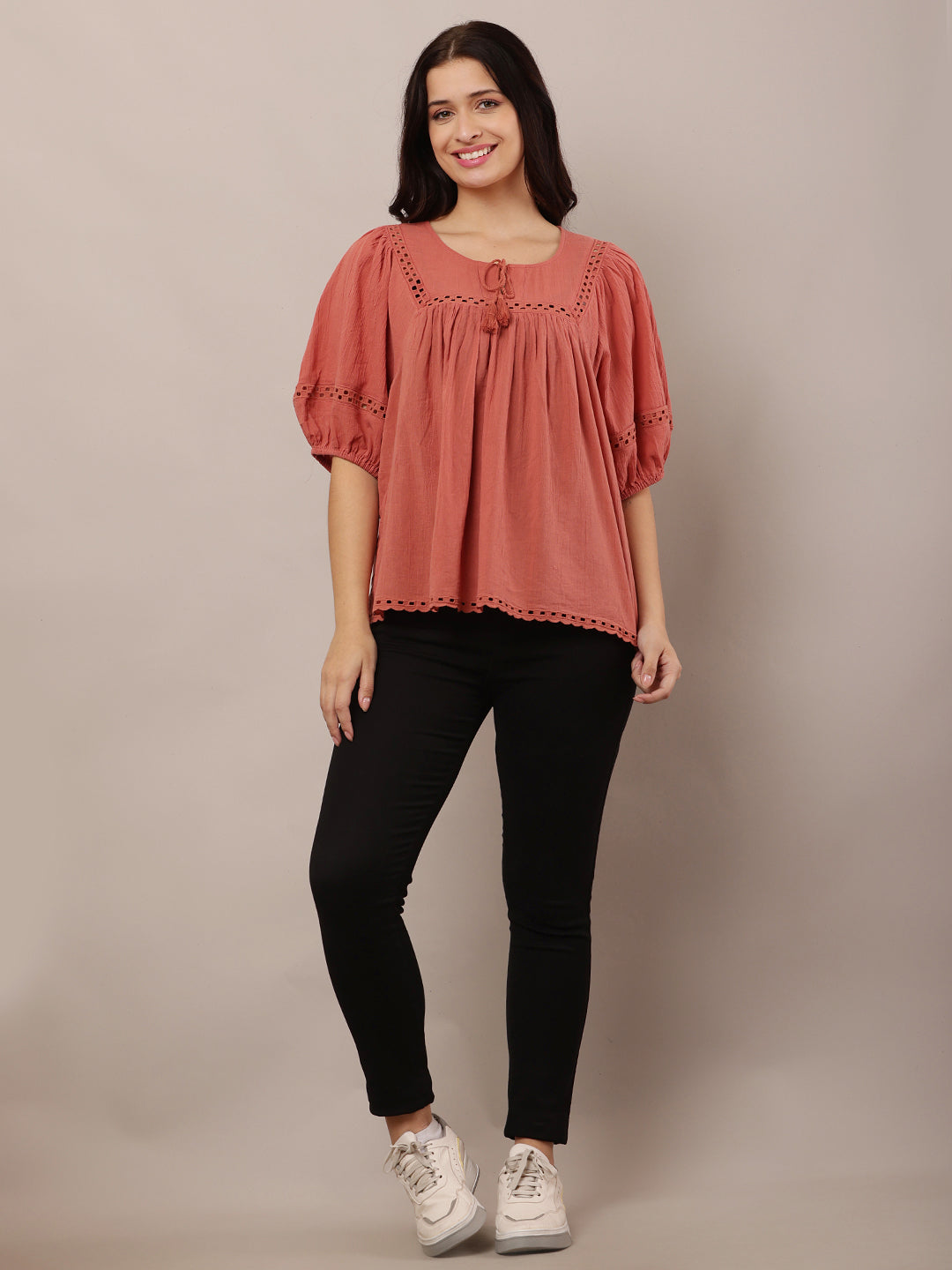 Cotton Round Neck with Short puff Sleeve Peach loose style Top