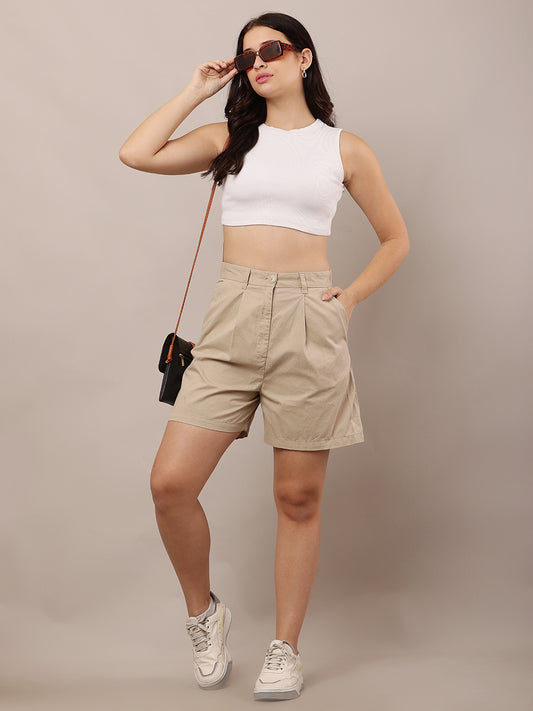 Cotton Solid with Belt loops Beige Short
