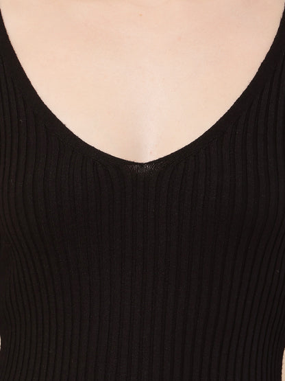 Viscose Full Sleeve with V-Neck Rib-Knit Black Bodycon Dress