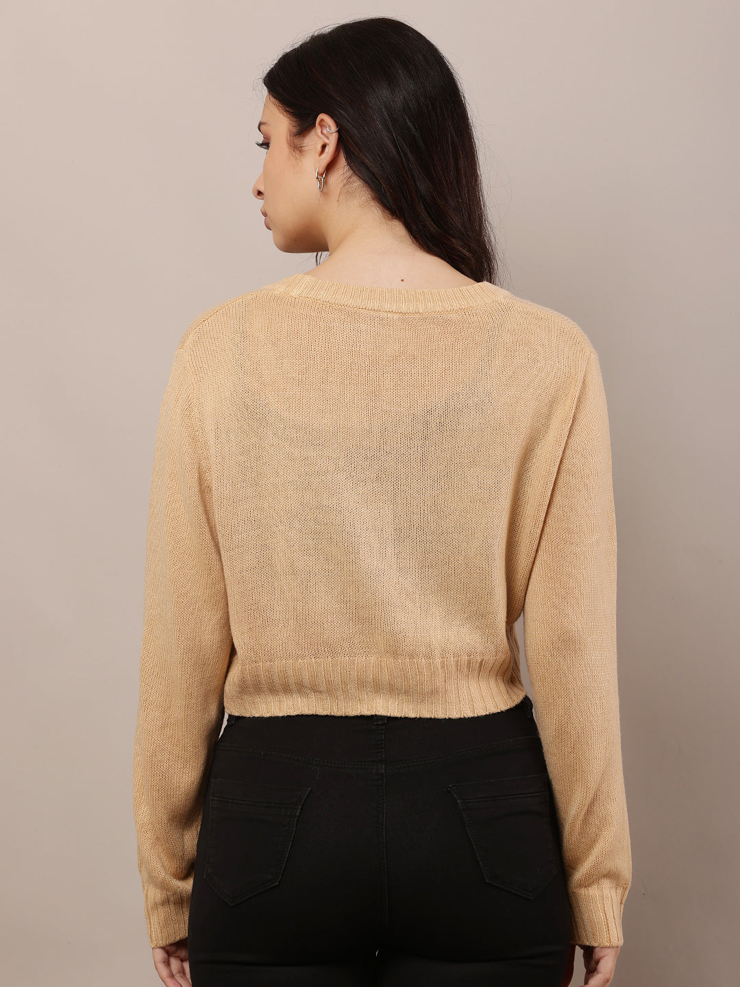 Acrylic Full Sleeve with V-Neck Beige Cardigan