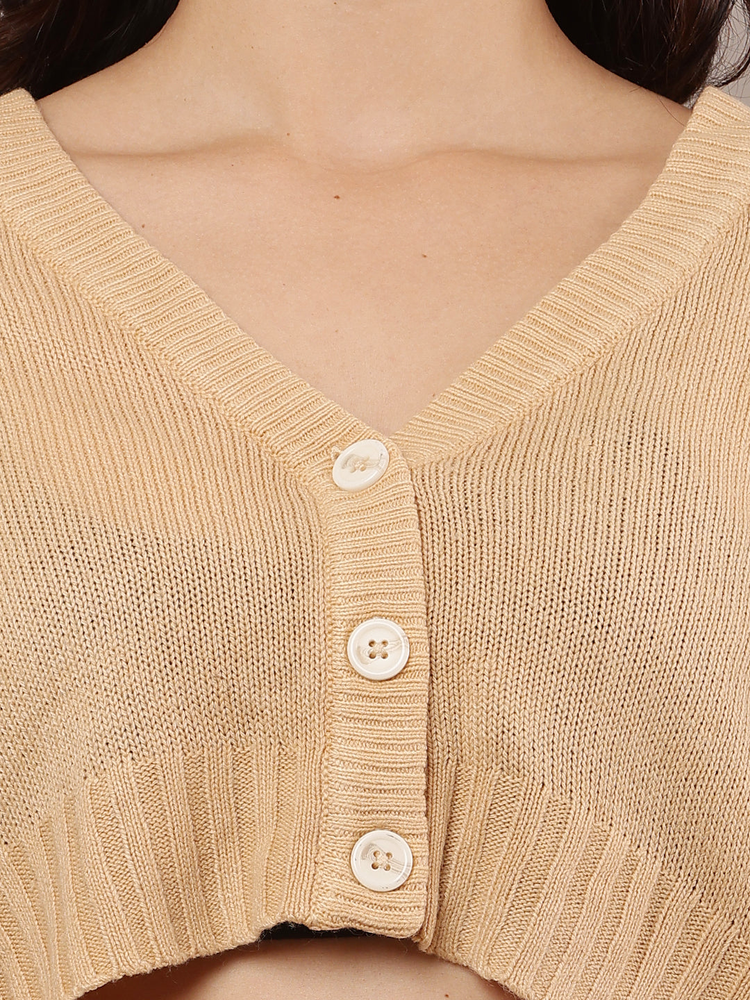 Acrylic Full Sleeve with V-Neck Beige Cardigan