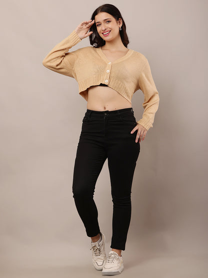 Acrylic Full Sleeve with V-Neck Beige Cardigan
