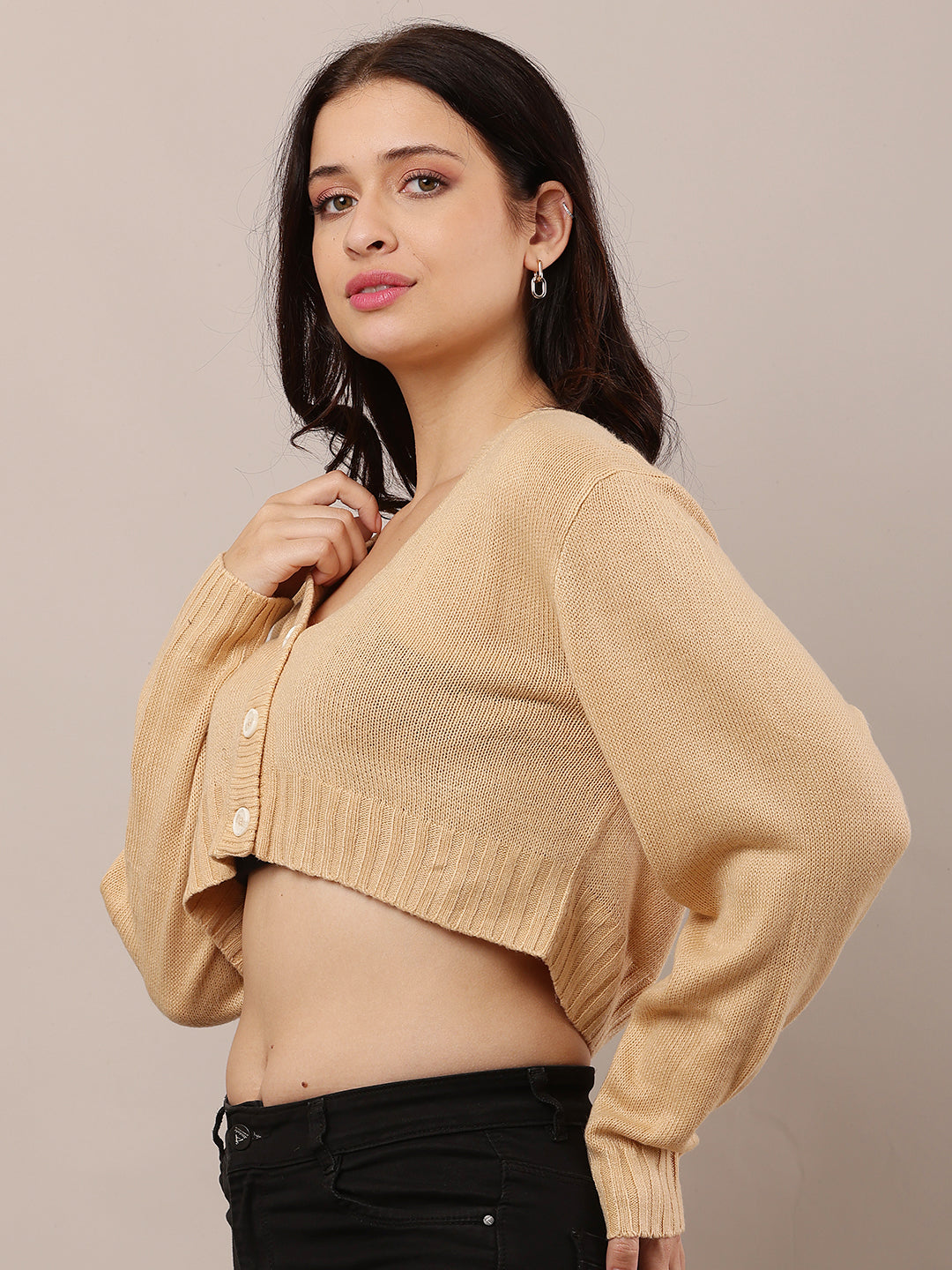 Acrylic Full Sleeve with V-Neck Beige Cardigan