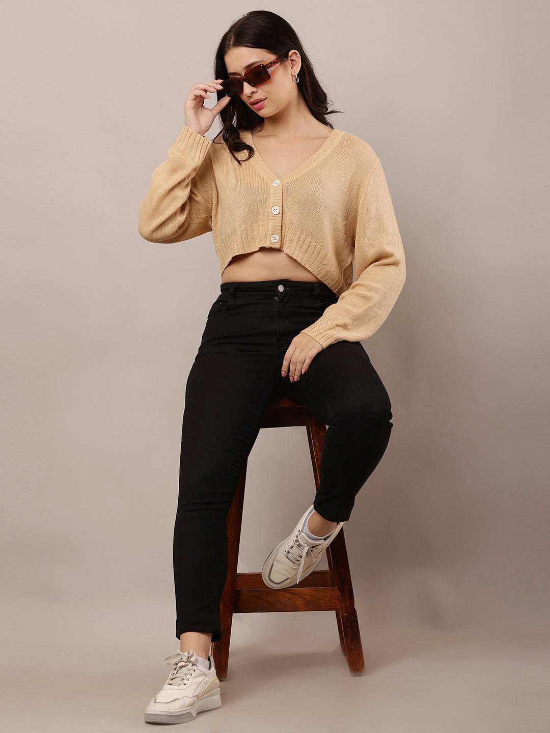 Acrylic Full Sleeve with V-Neck Beige Cardigan