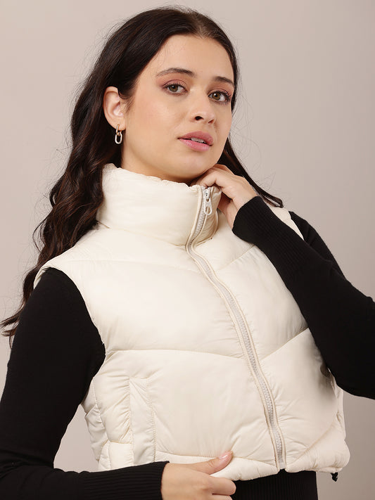 Polyester Full Sleeve with High Neck white Crop Puffer Jacket