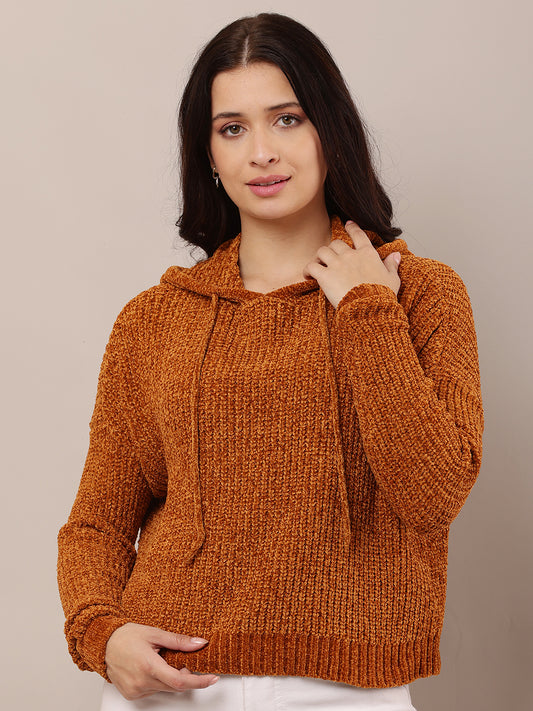 Polyester Full Sleeve with Hooded Knitted Brown Sweatshirt