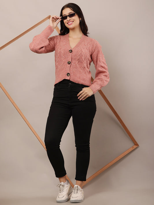 Acrylic Full Sleeve with V-neck Light Red Cardigan